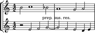 { << \new StaffGroup <<
\new Staff <<
\set Staff.midiInstrument = #"voice oohs"
\clef treble \time 4/2
\relative c'' {
\clef treble \time 4/2
b2 c1 bes2 a1 g2 a
}
>>
\new Staff <<
\set Staff.midiInstrument = #"voice oohs"
\clef treble \time 4/2
\new Voice \relative c' {
r2 e f g~ g ^\markup { \center-align { "prep. sus. res." } } f e d4 e
}
>>
>>
>> }