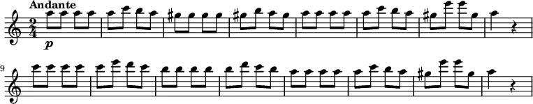 
\new Staff {
  \time 2/4
  \clef treble
  \set Staff.midiInstrument = #"flute"
  \tempo Andante 4 = 85
  \set Score.tempoHideNote = ##t
  |
  a''8\p
  a''8
  a''8
  a''8
  |
  a''8
  c'''8
  b''8
  a''8
  |
  gis''8
  gis''8
  gis''8
  gis''8
  |
  gis''8
  b''8
  a''8
  gis''8
  |
  a''8
  a''8
  a''8
  a''8
  |
  a''8
  c'''8
  b''8
  a''8
  |
  gis''8
  e'''8
  e'''8
  gis''8
  |
  a''4
  b'4\rest
  |
  c'''8
  c'''8
  c'''8
  c'''8
  |
  c'''8
  e'''8
  d'''8
  c'''8
  |
  b''8
  b''8
  b''8
  b''8
  |
  b''8
  d'''8
  c'''8
  b''8
  |
  a''8
  a''8
  a''8
  a''8
  |
  a''8
  c'''8
  b''8
  a''8
  |
  gis''8
  e'''8
  e'''8
  gis''8
  |
  a''4
  b'4\rest
}
