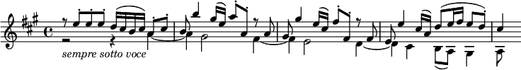 { \tempo 4 = 132 \set Score.tempoHideNote=##t \set Staff.midiInstrument = "violin" \relative e'' { \key a \major \time 4/4
<< \new Voice = "first" { \voiceOne r8 e-. e-. e-. d16( cis b cis) a8-. cis-. | b8 b'4 gis16( e) a8-. a,-. r a |
gis8 gis'4 e16( cis) fis8-. fis,-. r fis | e8 e'4 cis16( a) d8( e16 fis e8 d-.) | cis4}
\new Voice = "second" \relative a' { \voiceTwo r2 _\markup { \italic "sempre sotto voce" } r4 a~ | a4 gis2 fis4~ |
fis4 e2 d4~ | d4 cis b8( a) gis4 | a8 } >> }}
\layout { \context { \Score \override SpacingSpanner.common-shortest-duration = #(ly:make-moment 1/8) }}