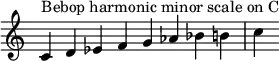 {
\override Score.TimeSignature #'stencil = ##f
\relative c' {
\clef treble \time 8/4
c4^\markup { Bebop harmonic minor scale on C } d es f g aes bes b c
} }