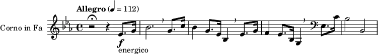 \transpose c f,
{
\relative c'' {
\key bes \major {
\set Staff.midiInstrument = "french horn"
\set Staff.instrumentName = #"Corno in Fa"
\tempo "Allegro" 4 = 112
{
r2 \fermata r4 bes8. \f _"energico" d16 |
f2. \breathe d8. g16 |
f4 d8. bes16 f4 \breathe bes8. d16 |
c4 bes8. f16 d4 \breathe \clef bass bes8. g'16 |
f2 f,2
}
}
}
}
\layout { indent = 2.5\cm }