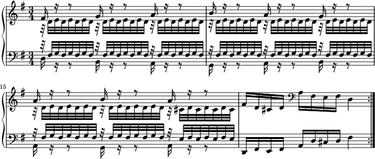 \new PianoStaff <<
\new Staff <<
\new Voice \relative c' {
\key g \major \time 3/4 \voiceOne
\set Score.currentBarNumber = 13
fis16 r r8 g16 r r8 a16 r r8 |
b16 r r8 a16 r r8 g16 r r8 |
a16 r r8 b16 r r8 a16 r r8 |
\oneVoice fis16 d cis d \clef bass a fis e fis d4 | \bar ":|."
}
\new Voice \relative c' {
\voiceTwo
\repeat unfold 8 { r32 d e d e d e d } r cis d cis d cis d cis |
}
>>
\new Staff <<
\new Voice \relative c {
\key g \major \clef bass \voiceOne
\repeat unfold 8 { r32 fis g fis g fis g fis } r e fis e fis e fis e |
}
\new Voice \relative c {
\voiceTwo
d16 r r8 b16 r r8 a16 r r8 |
g16 r r8 a16 r r8 b16 r r8 |
a16 r r8 g16 r r8 a16 r r8 |
\oneVoice d,16 fis e fis a d cis d fis4 |
}
>>
>>