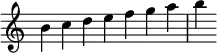{
\override Score.TimeSignature #'stencil = ##f
\relative c'' {
\clef treble
\time 7/4 b4c d e f g a b
} }