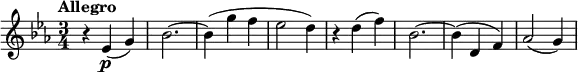 
\version "2.14.2"
 \relative c' {
         \clef "treble" 
         \tempo "Allegro"
         \key ees \major
         \time 3/4 
         \tempo 4 = 144
      r4 ees4\p (g)
      bes2. ~
      bes4 (g' f
      ees2 d4)
      r4 d4 (f)
      bes,2. ~
      bes4 (d, f)
      aes2 (g4)
}
