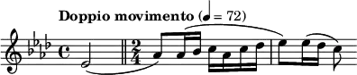 \relative c' { \set Staff.midiInstrument = "clarinet" \clef treble \transposition bes \key aes \major \time 4/4 \tempo "Doppio movimento" 4 = 72 \partial 2*1 ees2( \bar "||" \time 2/4 aes8) aes16( bes c aes c des | ees8) ees16( des c8) }