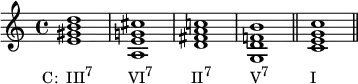 {
\relative c' {
\clef treble
\time 4/4
\key c \major
<e gis b d>1_\markup { \concat { \translate #'(-3.5 . 0) { "C: III" \raise #1 \small "7" \hspace #5 "VI" \raise #1 \small "7" \hspace #5.5 "II" \raise #1 \small "7" \hspace #5.5 "V" \raise #1 \small "7" \hspace #6 "I" } } }
<a, e' g! cis> <d fis a c!> < g, d' f! b> \bar "||" <c e g c> \bar "||"
} }