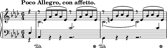 
\header {
  tagline = ##f
}

tempoMark = {
  \once \override Score.RehearsalMark #'self-alignment-X = #-1
  \once \override Score.RehearsalMark #'break-align-symbols = #'(time-signature key-signature)
  \once \override Staff.TimeSignature #'break-align-anchor-alignment = #-1
  \mark \markup \bold "Poco Allegro, con affetto."
}

global = {
  \tempoMark
  \key as \major
  \time 6/4
  \partial 4
}

\parallelMusic #'(voiceA voiceB voiceC voiceD) {
  % Anacrusis
  r4   |
  s4   |
  ees4 |
  r4   |
  
  % Bar 1
  r8 ees [\( aes c aes ees\)] r ees [\( aes c aes ees\)] |
  c2.                         s                          |
  aes,4      s     s          c'2.                       |
  s4         r     r          r2.                        |
  
  % Bar 2
  r8 e   [\( bes' c bes e,  \)] r e   [\( bes' c bes e,  \)] |
  c2.                       ( c2  )              s4          |
  s2.                         s2                 c4          |
  g4         r     r          r2.                            |
}

right = {
  \global
  <<
    \relative c' \voiceA
    \\
    \relative c' \voiceB
  >>
}

left = {
  \global
  <<
    \relative c \voiceC
    \\
    \relative c \voiceD
    \new Dynamics {
      s4 | \repeat unfold 2 { s4\sustainOn s1 s8 s8\sustainOff | }
    }
  >>
}

\score {
  \new PianoStaff <<
    \new Staff = "right" \with {
      midiInstrument = "acoustic grand"
    } \right
    \new Staff = "left" \with {
      midiInstrument = "acoustic grand"
    } { \clef bass \left }
  >>
  \layout { }
  \midi {
    \context {
      \Score
      tempoWholesPerMinute = #(ly:make-moment 100 4)
    }
  }
}
