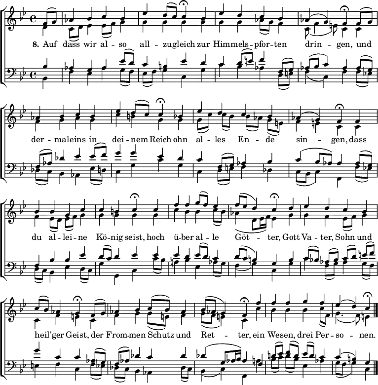 
\header { tagline = ##f }
\layout { indent = 0 \set Score.tempoHideNote = ##t \context { \Score \remove "Bar_number_engraver" } }

global = { \key c \dorian \time 4/4 \partial 4 }
tn = \tempo 4 = 90
tf = \tempo 4 = 45

soprano = \relative c' { \global \set midiInstrument = "violin"
  \repeat unfold 2 { \tn f8 (g) | as4 bes c bes | es d8 (c) \tf c4\fermata
    \tn bes | es d c bes | as (g) \tf f\fermata } % soprano only
  \tn f4 | bes bes g c | c b \tf c\fermata \tn c | f f g8 (f) es4 | f8 (es d4) \tf c\fermata
  \tn d | es d c bes | c8 (bes) as4 \tf g\fermata \tn f8 (g) | as4 bes c8 (bes) as4 | bes8 (as g4) \tf f\fermata
  \tn f' | f f g f | \tempo 4 = 60 es (d) \tempo 4 = 30 c\fermata \bar "|."
}

alto = \relative c' { \global \set midiInstrument = "violin"
  d4 | c8 (d) es4 es8 (f) g4 | g g g g | g g as8 (g) f4 | c8 (f4 e8) c4
  c | f g as g | c b g g | g8 ([c]) c (bes) bes ([as]) g (e) | f4 e c
  c | f es8 (d) es (f) g4 | g g g g | c bes bes c8 (bes) | as4 (d,8 es16 f) es4
  g | g f es8 (f) g4 | c, f e c | f g g8 (e) f4 | g8 (f e4) c4
  c' | bes bes bes c8 (f,) | g4. (f8) e4 \bar "|."
}

tenor = \relative c' { \global \set midiInstrument = "cello"
  bes4 | as g as es'8 (d) | c4 b es d | c d8 (e) f4 f,8 (g) | as (bes c4) as
  as8 (g) | f (as) des4 es es8 (f) g4 g es d | c f,8 (g) as4 bes | c (bes8 as) as4
  as8 (g) | f4 bes bes es | d8 (c) d4 es es | es d es8 (d) c4 | d8 (c b4) g
  b | c8 ([bes!]) as (bes) c ([d]) e (f) | g4 c, c as8 (g) | f (as) des4 c des | des (g,8 as16 bes) as4
  f | d'!8 ([es]) f (d) es (d) c4 | c (b) g \bar "|."
}

bass = \relative c { \global \set midiInstrument = "contrabass"
  bes4 | f' es as g8 (f) | es (f) g4 c, g' | c bes as d,8 (e) | f4 (c) f
  f8 (es!) | des (c) bes4 as es'8 (d) | c4 g' c g | c, d8 (e) f4 des | c8 ( bes c4) f,
  f'8 (es!) | d8 (c) bes4 es d8 (c) | g'4 g, c c'8 (bes) | a!4 bes es, as8 (g) | f4 ( g) c,
  g' | c f,8 (g) as4 g8 (f) | e4 f c f8 (es) | des (c) bes4 as des8 (c) | bes4 (c) f,
  a'! | bes8 ([c]) d (bes) es,4 as | g8 (f g4) c, \bar "|."
}

verse = \lyricmode { \set stanza = "8."
  Auf dass wir al -- so all -- zu -- gleich
  zur Him -- mels -- pfor -- ten drin -- gen,
  und der -- mal -- eins in dei -- nem Reich
  ohn al -- les En -- de sin -- gen,
  dass du al -- lei -- ne Kö -- nig seist,
  hoch ü -- ber al -- le Göt -- ter,
  Gott Va -- ter, Sohn und heil' -- ger Geist,
  der From -- men Schutz und Ret -- ter,
  ein We -- sen, drei Per -- so -- nen.
}

\score {
  \new ChoirStaff
  << \new Staff
    <<
      \new Voice = "soprano" { \voiceOne \soprano }
      \new Voice = "alto" { \voiceTwo \alto }
    >>
    \new Lyrics \with { \override VerticalAxisGroup #'staff-affinity = #CENTER }
      \lyricsto "soprano" \verse
    \new Staff
    <<
      \clef bass
      \new Voice = "tenor" { \voiceOne \tenor }
      \new Voice = "bass" { \voiceTwo \bass }
    >>
  >>
  \layout { }
}
\score { << \soprano \\ \alto \\ \tenor \\ \bass >>
  \midi {
    \context { \Score midiChannelMapping = #'instrument }
    \context { \Staff \remove "Staff_performer" }
    \context { \Voice \consists "Staff_performer" }
  }
}
