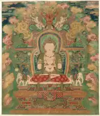 Manjushri Ming Dynasty, China thangka (c 1500–50), surrounded by malachite green.