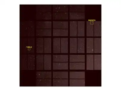 First light image from the Kepler space telescope with two points of interest outlined. Celestial north is toward the lower left corner.[1]