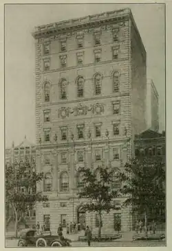 Artist's rendering of a building five bays wide by eight stories tall. There is an ornate cornice above the fourth floor, level with the height of the adjacent building.